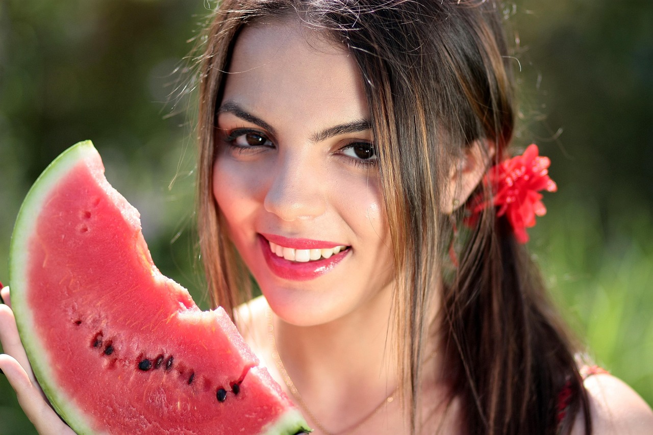 woman, nature, watermelon, summer, beautiful, happy